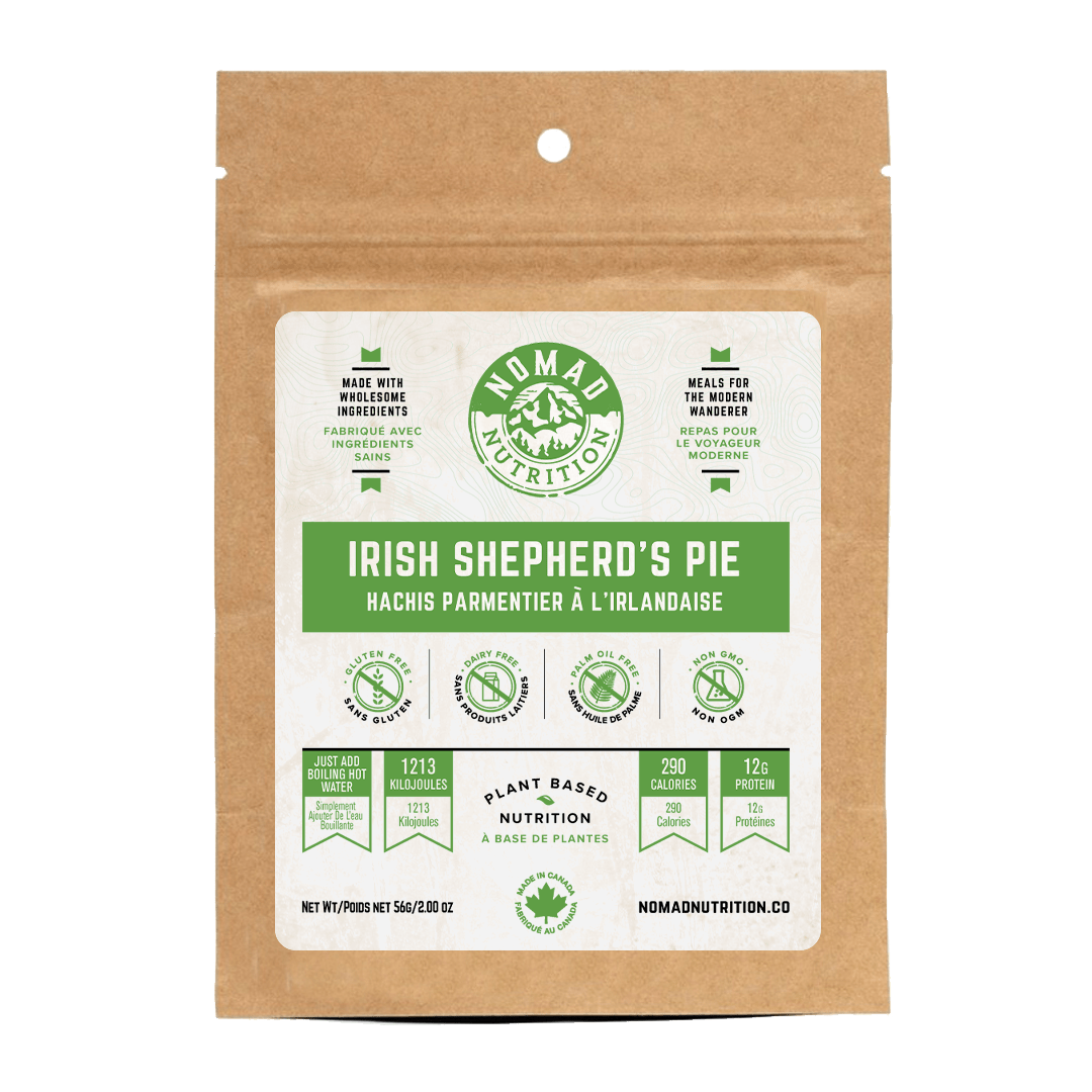 Nomad Nutrition Irish Shepherd's Pie package on a green background
