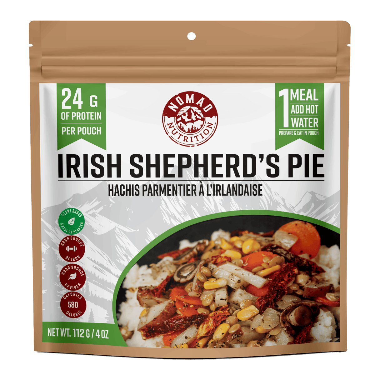 Nomad Nutrition Irish Shepherd's Pie package on a green background