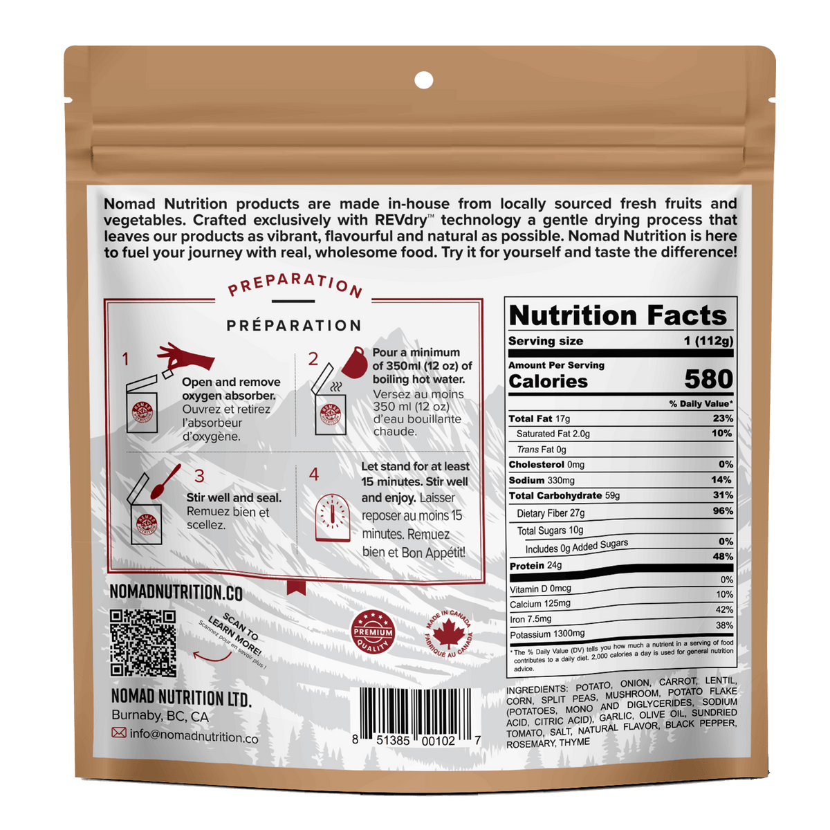 Nomad Nutrition product packaging with nutrition facts and preparation instructions on a green background