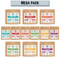 Collection of food packages with labels on a green background