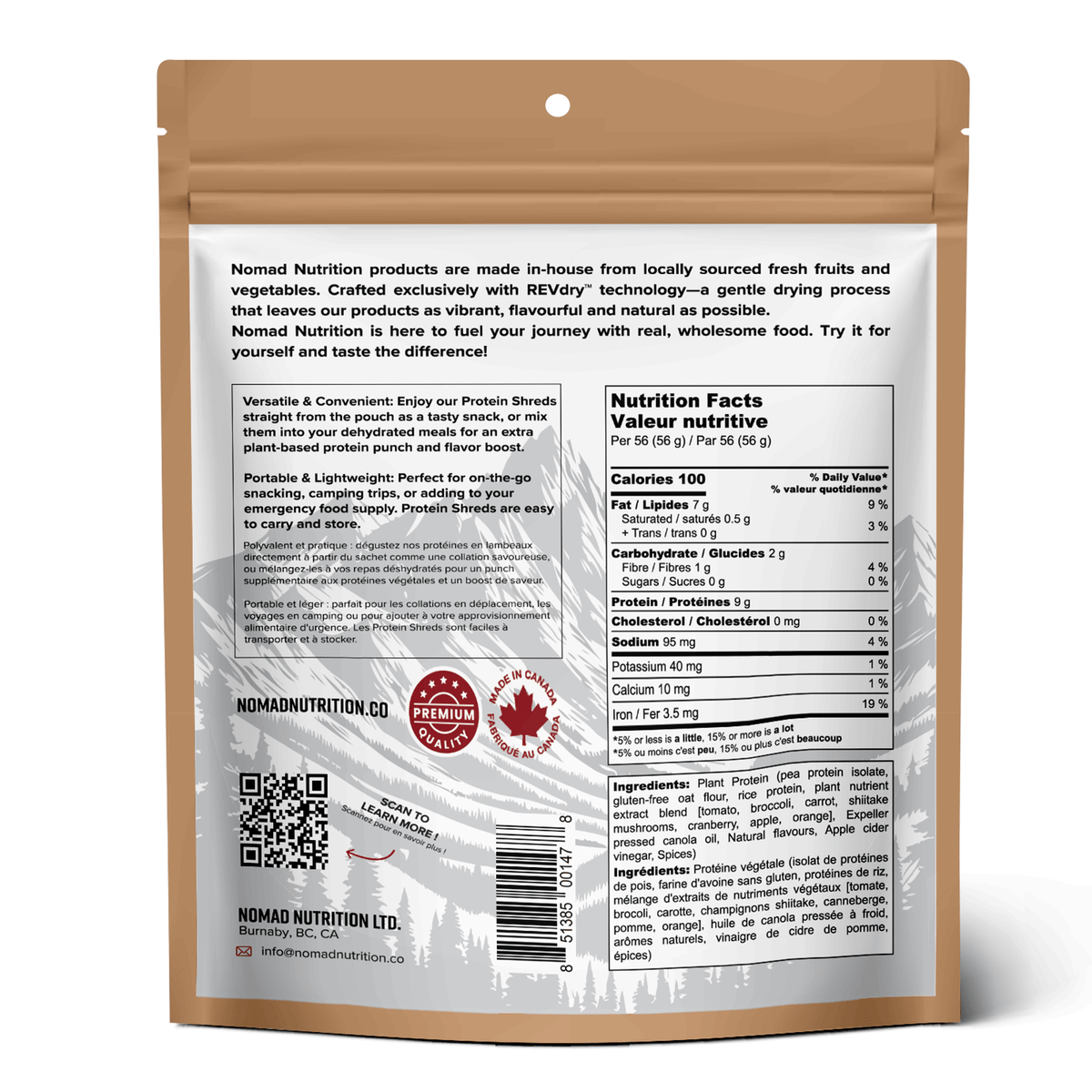 Back view of a Nomad Nutrition product packaging with nutritional information and branding.