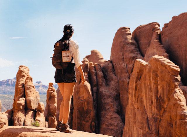 Person standing in a desert landscape with rock formations and clear sky