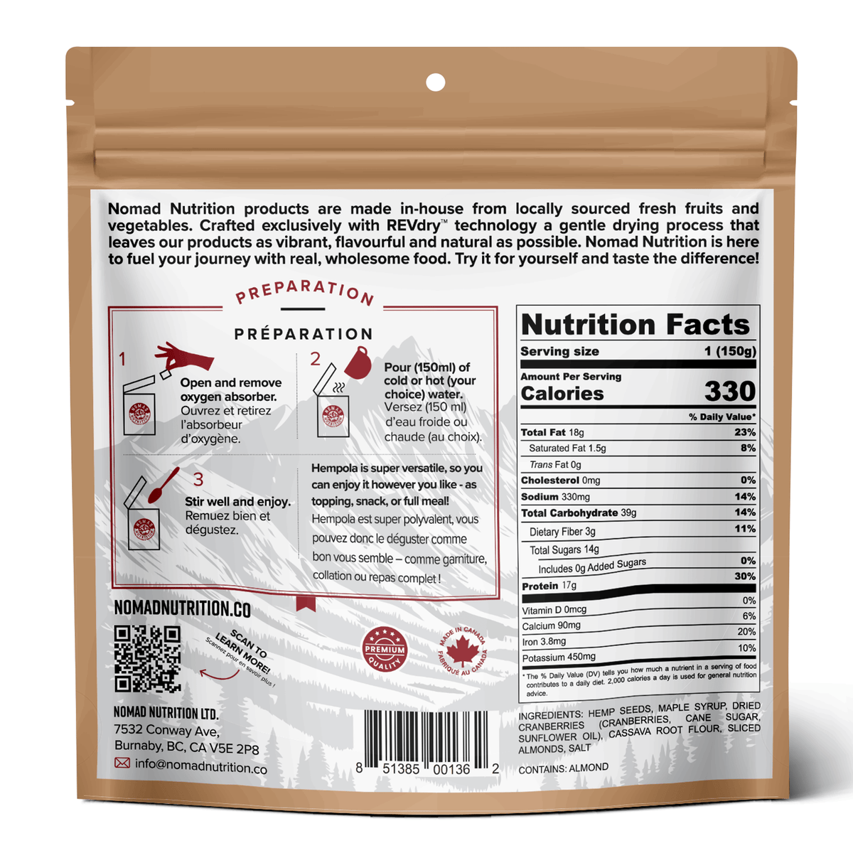 Nomad Nutrition product packaging with nutrition facts and preparation instructions on a white background