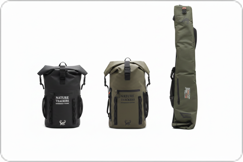 PEAK SERIES Drypak Backpack – black/olive composite + no-people lifestyle + waterproof shot