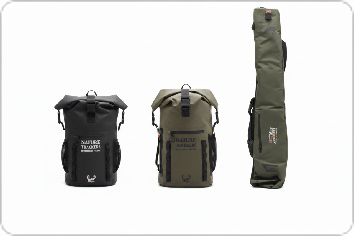 PEAK SERIES Drypak Backpack – black/olive composite + no-people lifestyle + waterproof shot