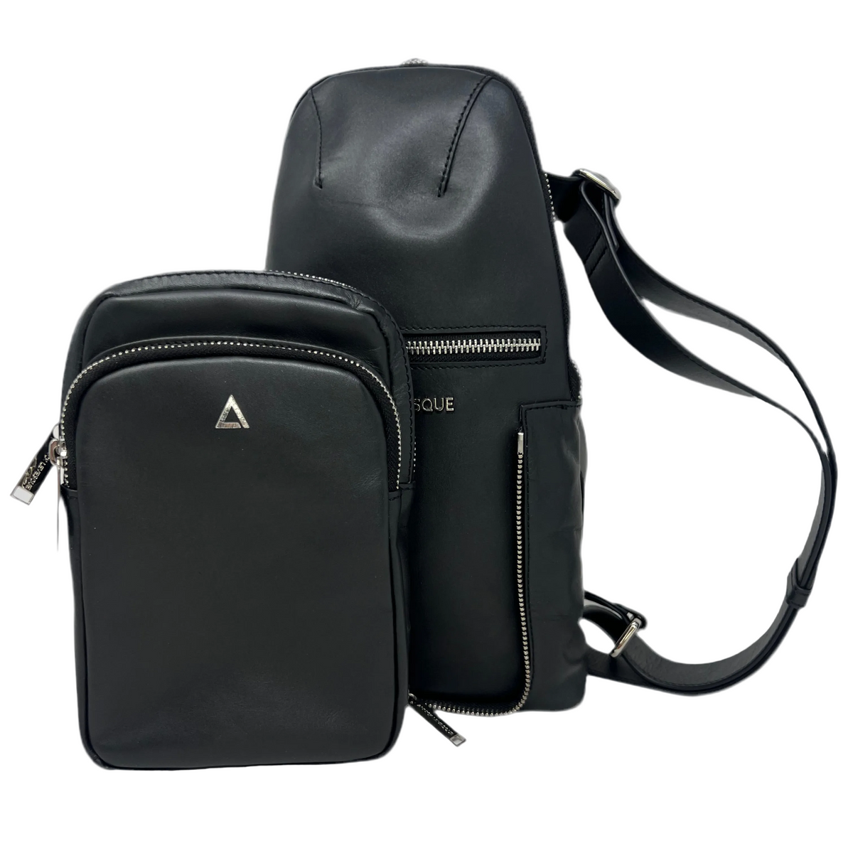 The Gabriel 3-in-1 unisex black bag shown with its small front zip pouch fully detached and sitting in front of the main backpack body, highlighting its modular multi-functional design.