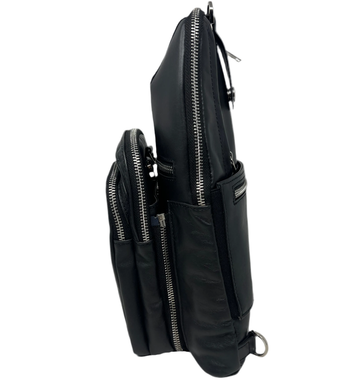 Side profile view of the Gabriel 3-in-1 unisex black crossbody bag, showcasing its multiple zippered compartments, detachable front pouch structure, and silver hardware details against a white background.