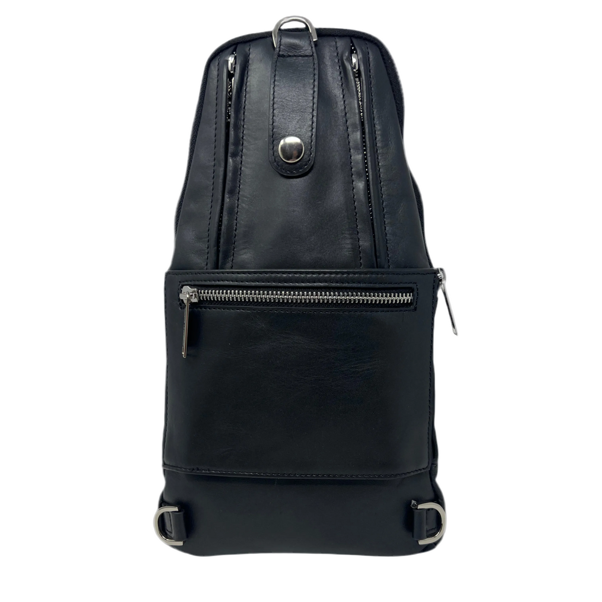 Back view of the Gabriel 3-in-1 unisex black crossbody travel bag, highlighting a silver-zippered passport pocket, a snap-button luggage strap panel, and metal D-rings for multi-way backpack strap attachment.