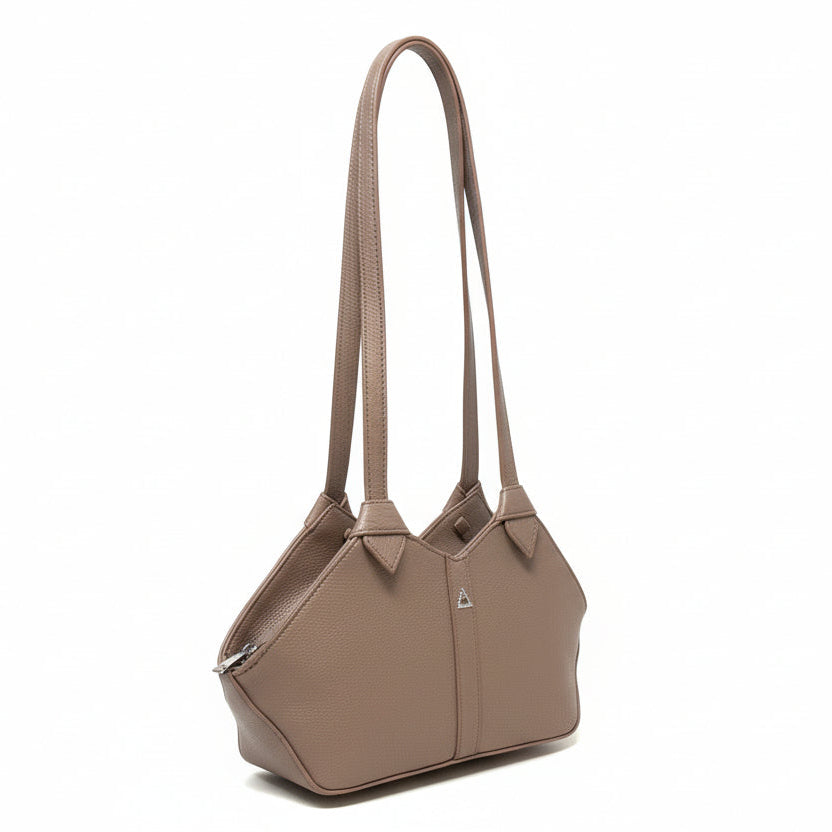Claudia Platinum Rose genuine leather handbag by Annick Levesque, front view with long shoulder strap