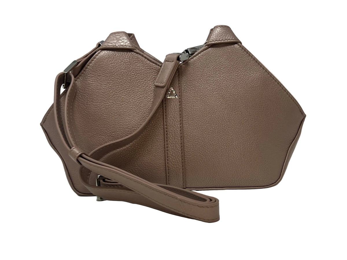 Claudia Platinum Rose leather handbag showing front and back views with detachable crossbody strap