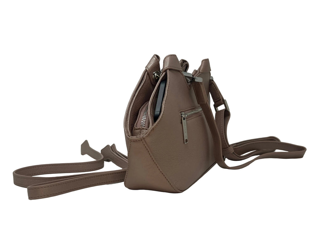 Claudia Platinum Rose compact leather bag with drawstring detail and crossbody strap, top view