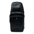 Front view of the Gabriel 3-in-1 unisex black crossbody bag against a white background, featuring a detachable front zip pouch with a silver triangle logo and silver zipper details.