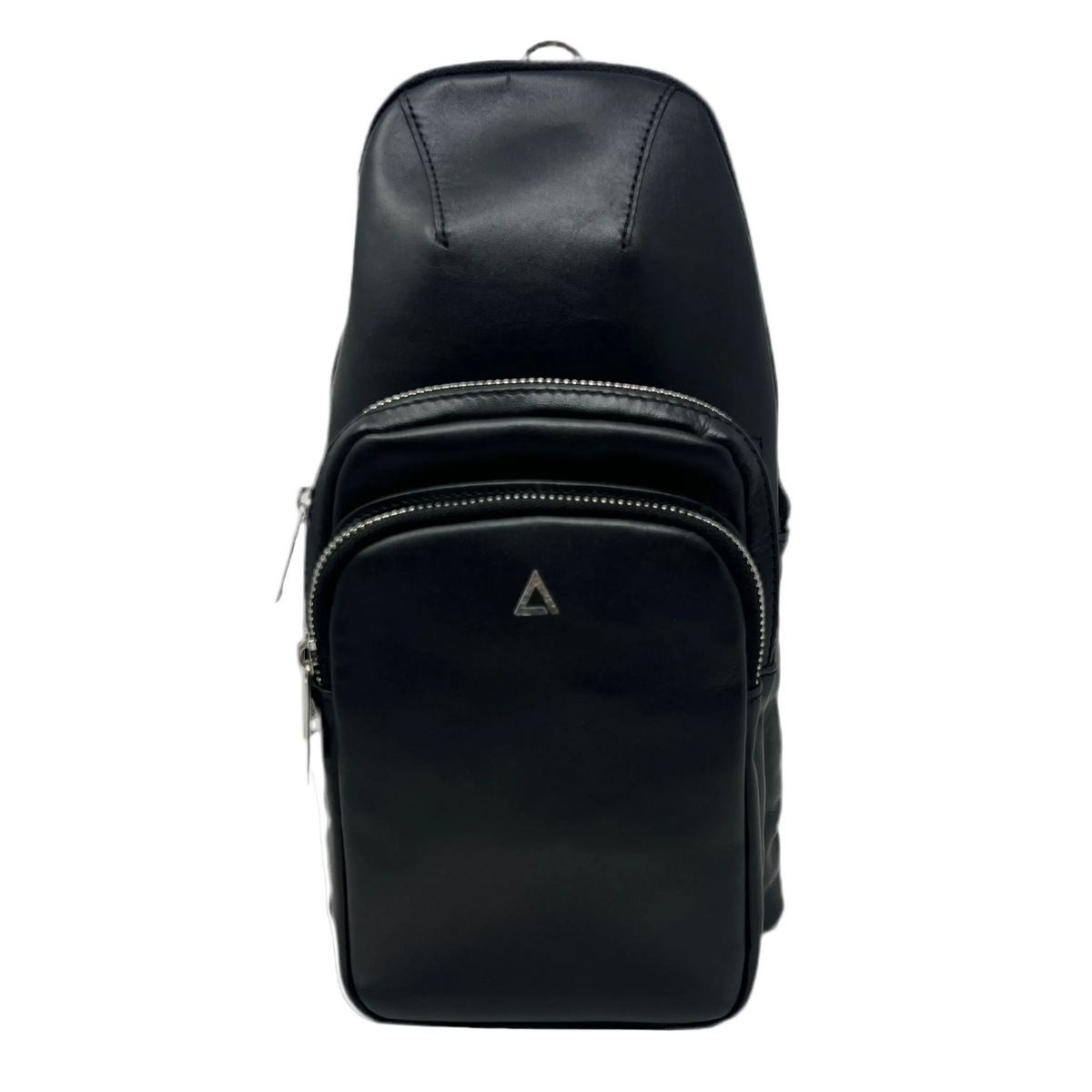 Front view of the Gabriel 3-in-1 unisex black crossbody bag against a white background, featuring a detachable front zip pouch with a silver triangle logo and silver zipper details.
