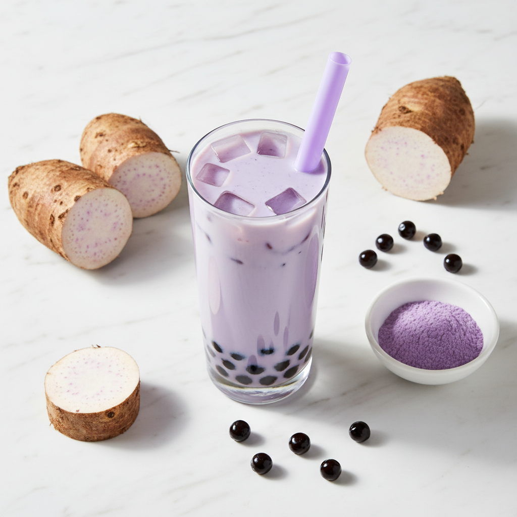 Taro Bubble Tea Flat Lay