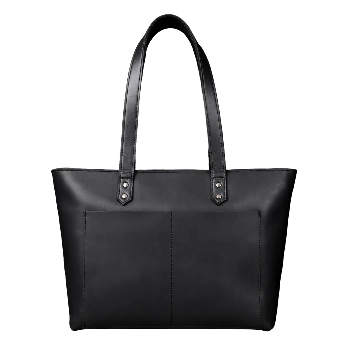 "Classic Black Leather Tote Bag with long leather handles on white background — distressed full-grain leather handbag handcrafted in Canada by NAB Leather"