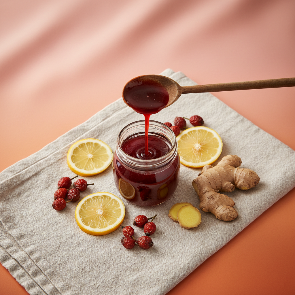 Wild Rosehip Syrup Flat Lay